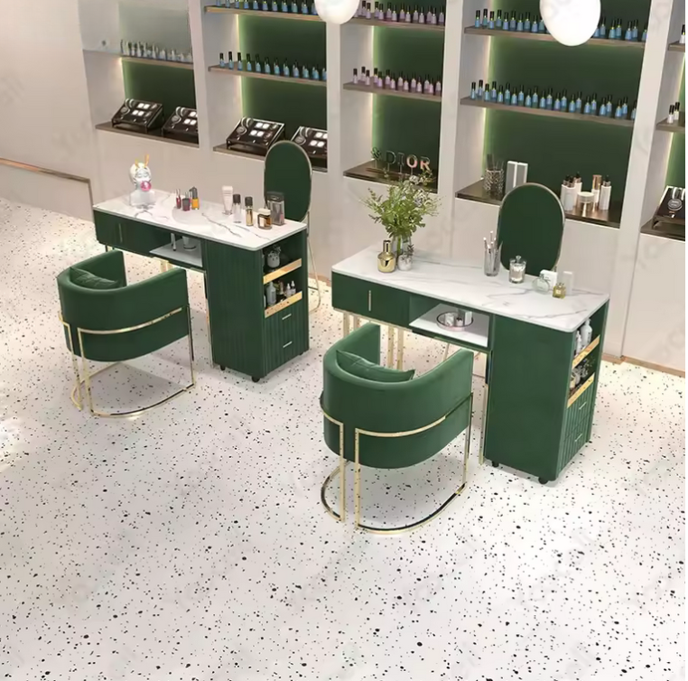 Premium Manicure Table with Genuine Marble Top | Green