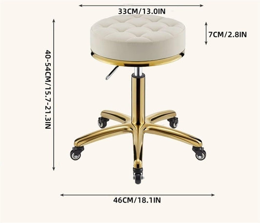 Adjustable Hydraulic Stool on wheels with footrest | Round | Beige & Gold