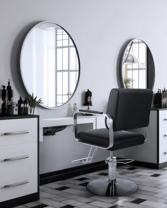 Modern Salon Styling Chair with Hydraulic Lift | Disc Plate | Black/Silver