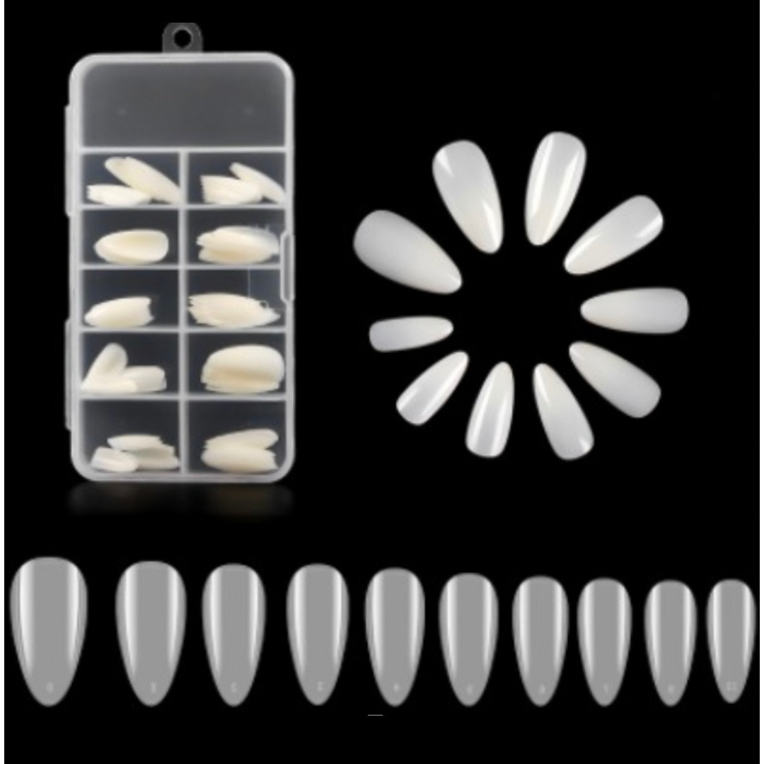 White Almond Cover Nail Tips Clear 100 Tips Box
