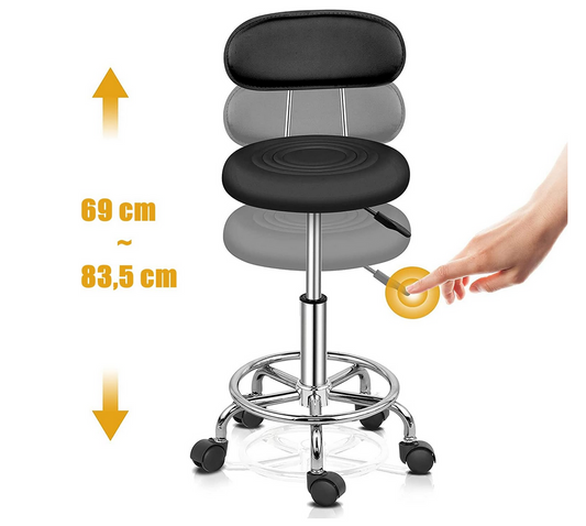 Black adjustable Stool on wheels with footrest & backrest | Round