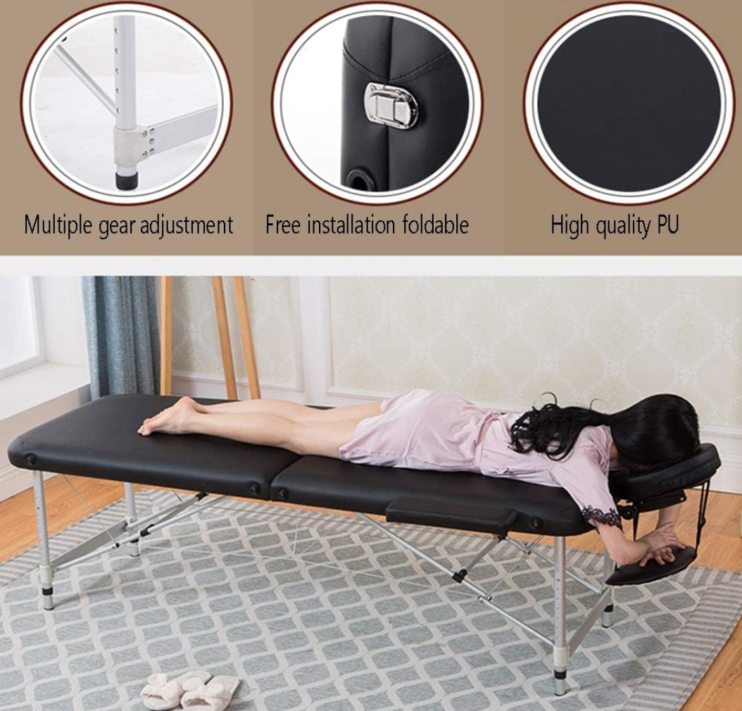Portable Massage Spa Bed 180×60 cm | Black | 2-Fold | Stainless Steel Frame | Fixed Height | Headrest & Armrest