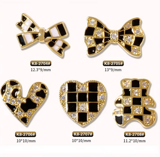 3D Nail Fashion Jewelry | Black and white plaid | K8-2704 to K8-2708 | Sold by the piece