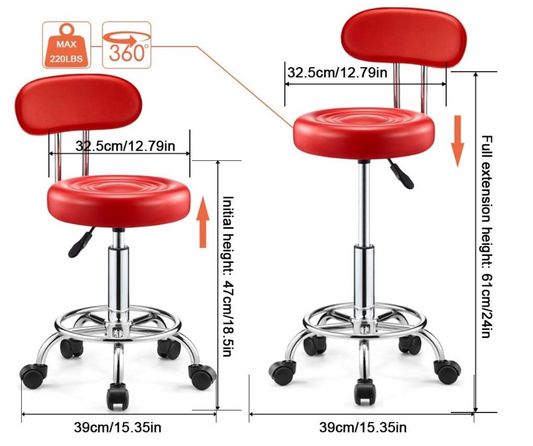 Red Adjustable Stool on wheels with footrest & backrest | Round | Red