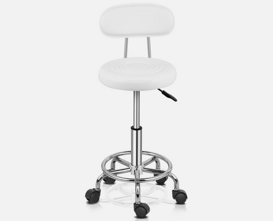 White Adjustable Stool on wheels with footrest & backrest | Round