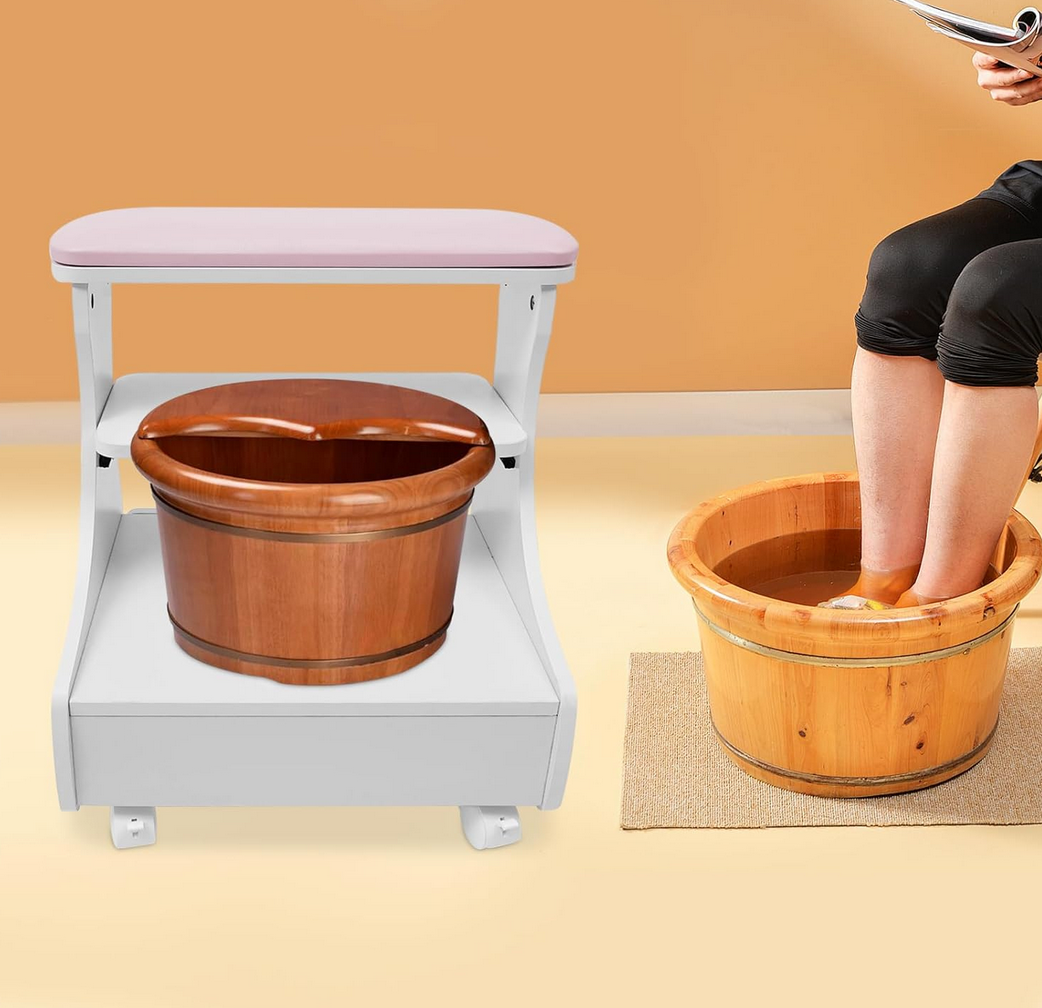 Ergonomic Rolling Pedicure Stool with Storage | White & Pink