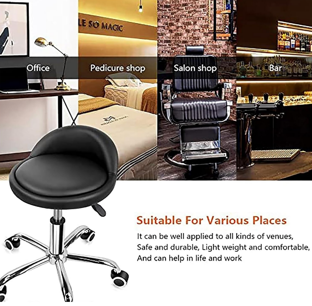 Adjustable Hydraulic Stool on wheels with Backrest | Round | Black