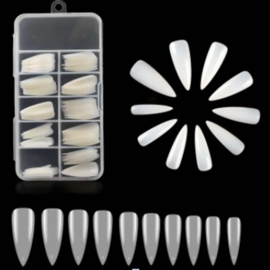 White Sharp Almond Cover Nail Tips Clear 100 Tips Box