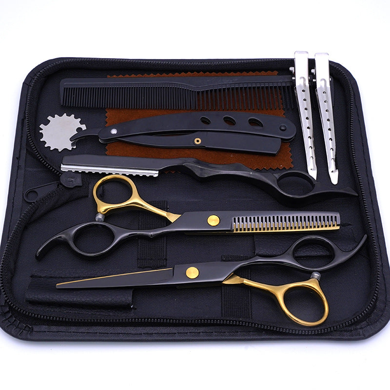 Professional Hair Cutting and Styling Kit | Black & Gold | Scissors, Comb, Razor, and Clips