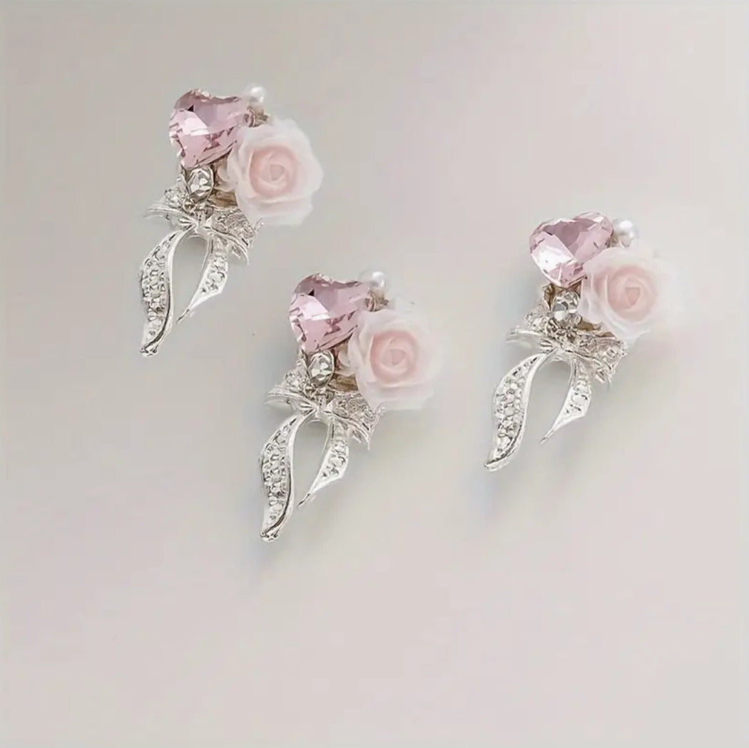 Nail Art Jewelry | Charms 3D Rose & Cœur Cristal Argent