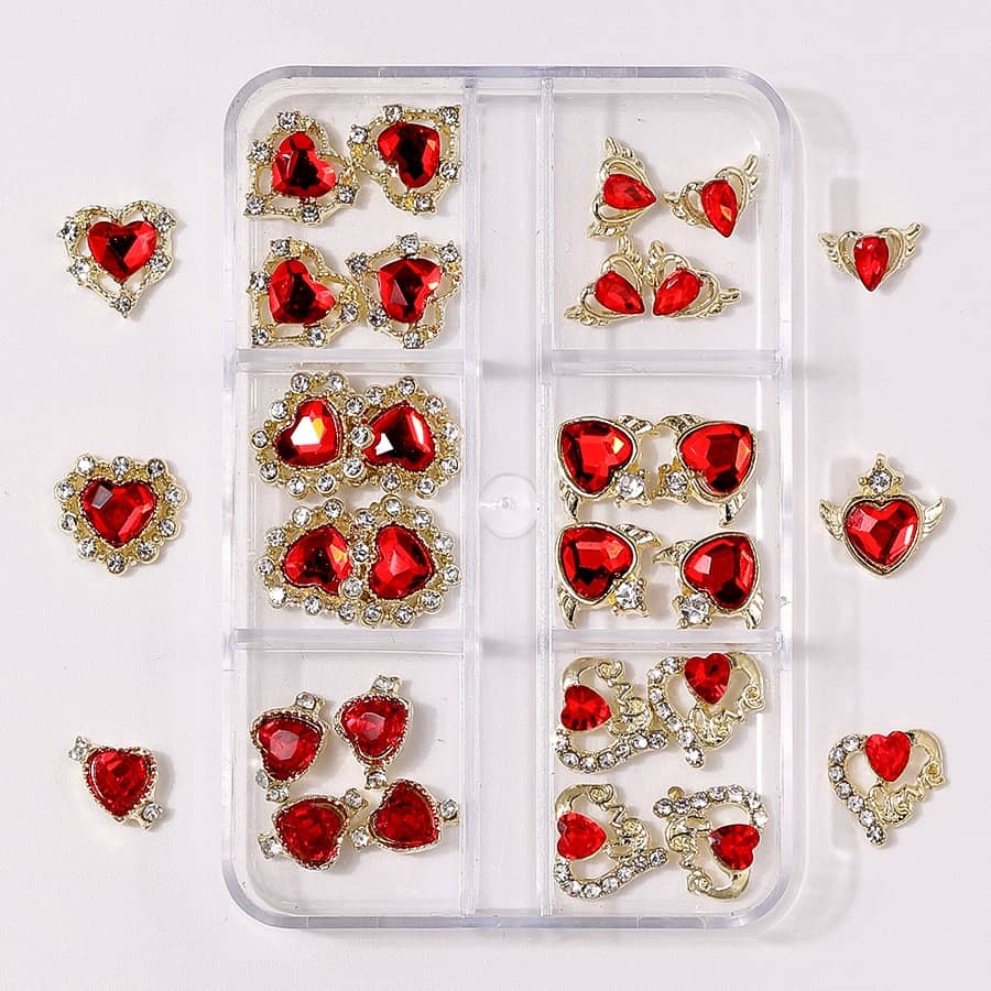 Nail Art Jewelry | Set Red Heart – Charms 3D Or & Cristal Love