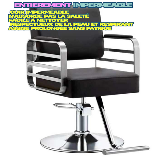 Chaise de coiffure moderne avec élévateur hydraulique et poignées à rayures en titane | Plaque à disque | Noir/argent