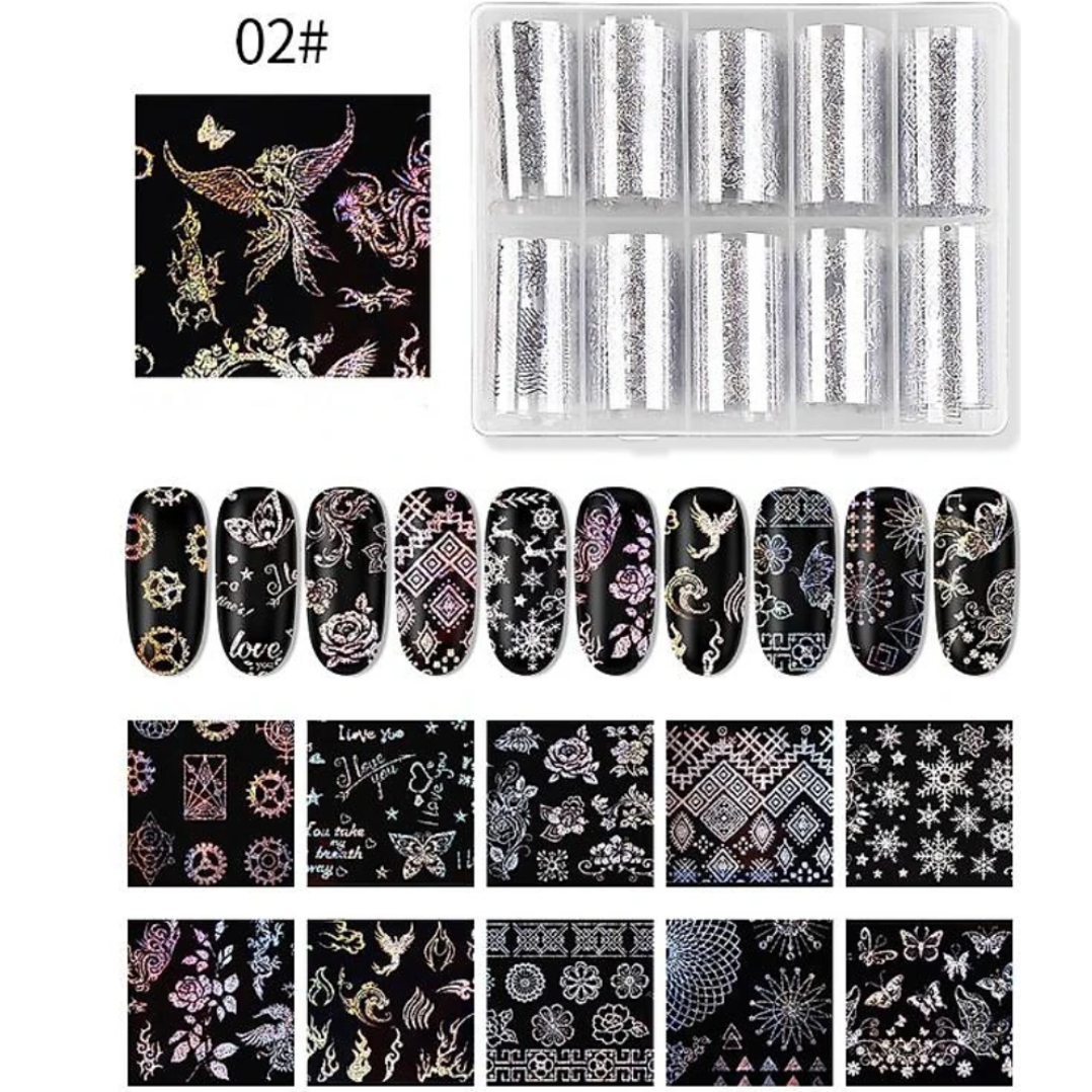 Nail Foil Transfer Set | Available in 2 designs (10 rolls/box)