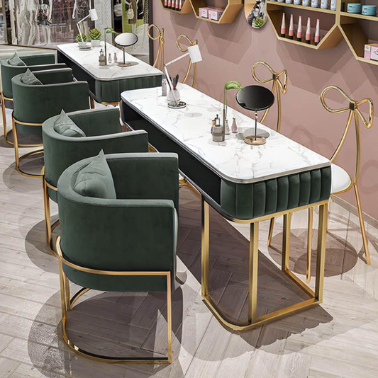 Table de manucure moderne de luxe avec plateau en marbre et pieds dorés | Vert