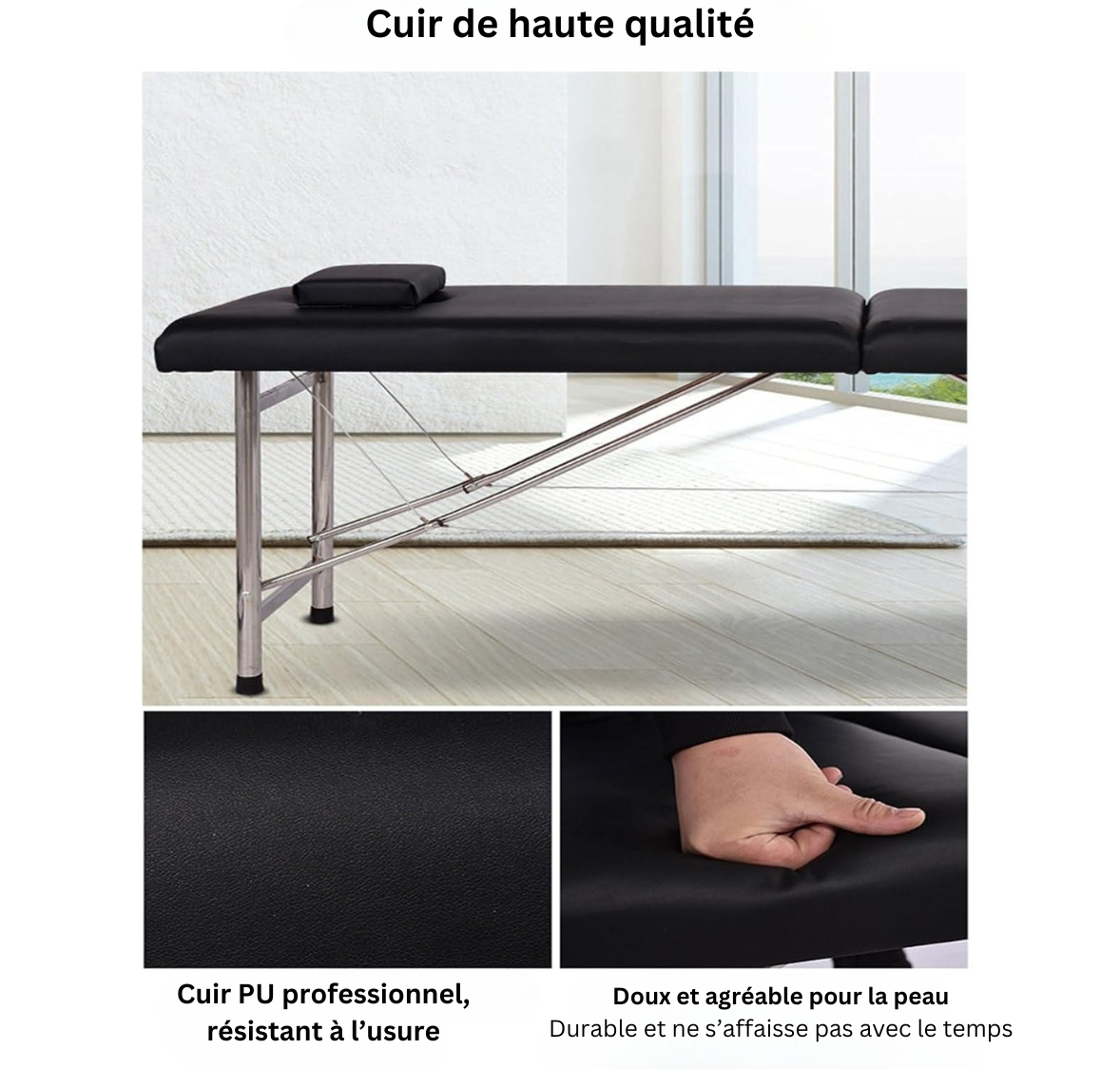 Portable Massage Bed 180×70×65 cm | Black | 2-Fold | Stainless Steel Frame | Fixed Height