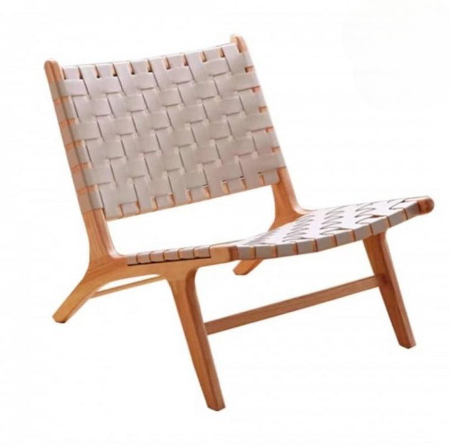 Woven Lounge Chair for Wellness Spaces and Beauty Salons | Light Beige Leather with Natural Wood Frame
