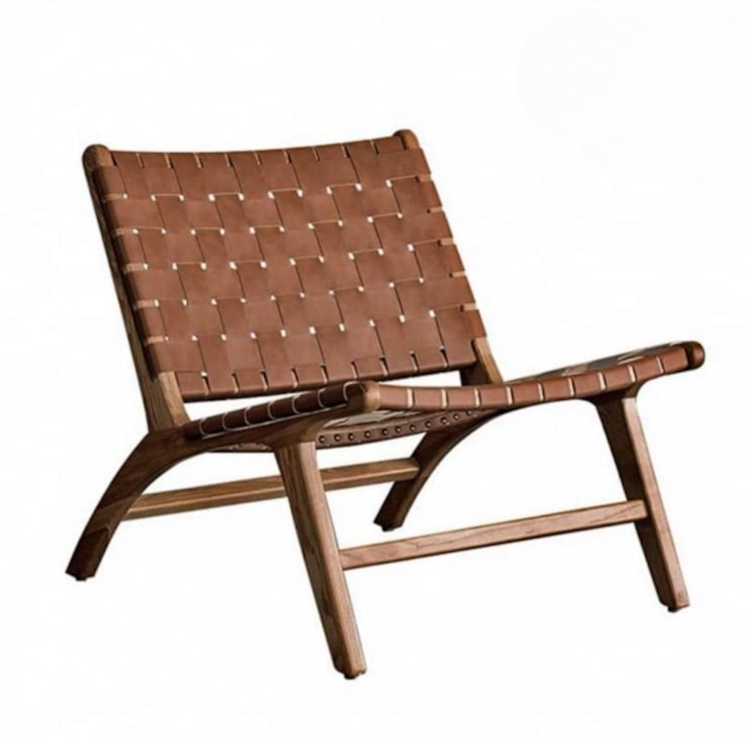 Woven Lounge Chair for Wellness Spaces and Beauty Salons | Dark Brown Leather with Natural Wood Frame