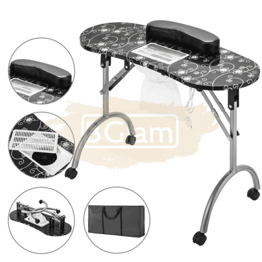 Foldable Manicure Station - Black Flower Design With Dust Collector & Carry Bag Mt-020F