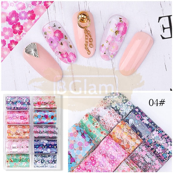 Heart/Flowers Nail Foil Transfer Set (10 Rolls) - Available In 5 Designs 4 Art Tool