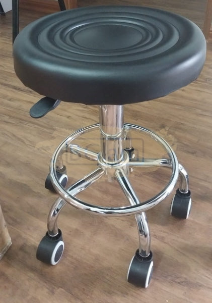 Adjustable Stool On Wheels With Footrest - Round Black