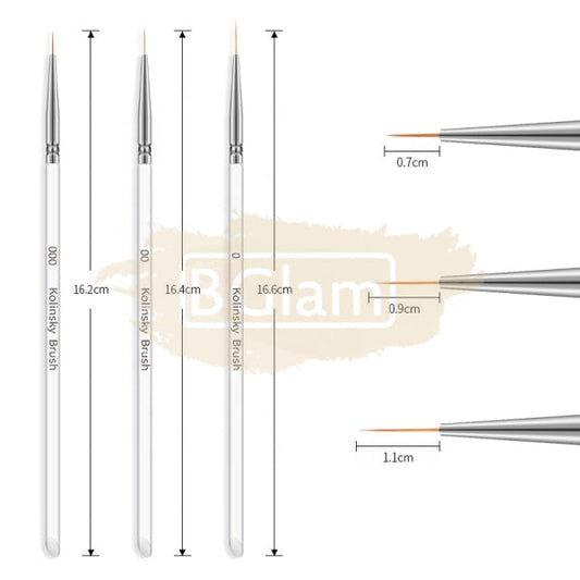 Nail Art Clear Acrylic Kolinsky Liner Brush Set - 3 Pieces