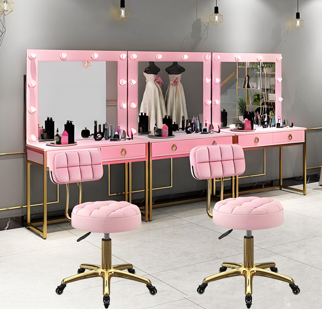 Beauty Salon Hydraulic Swivel Stool with Backrest | Pink and Gold