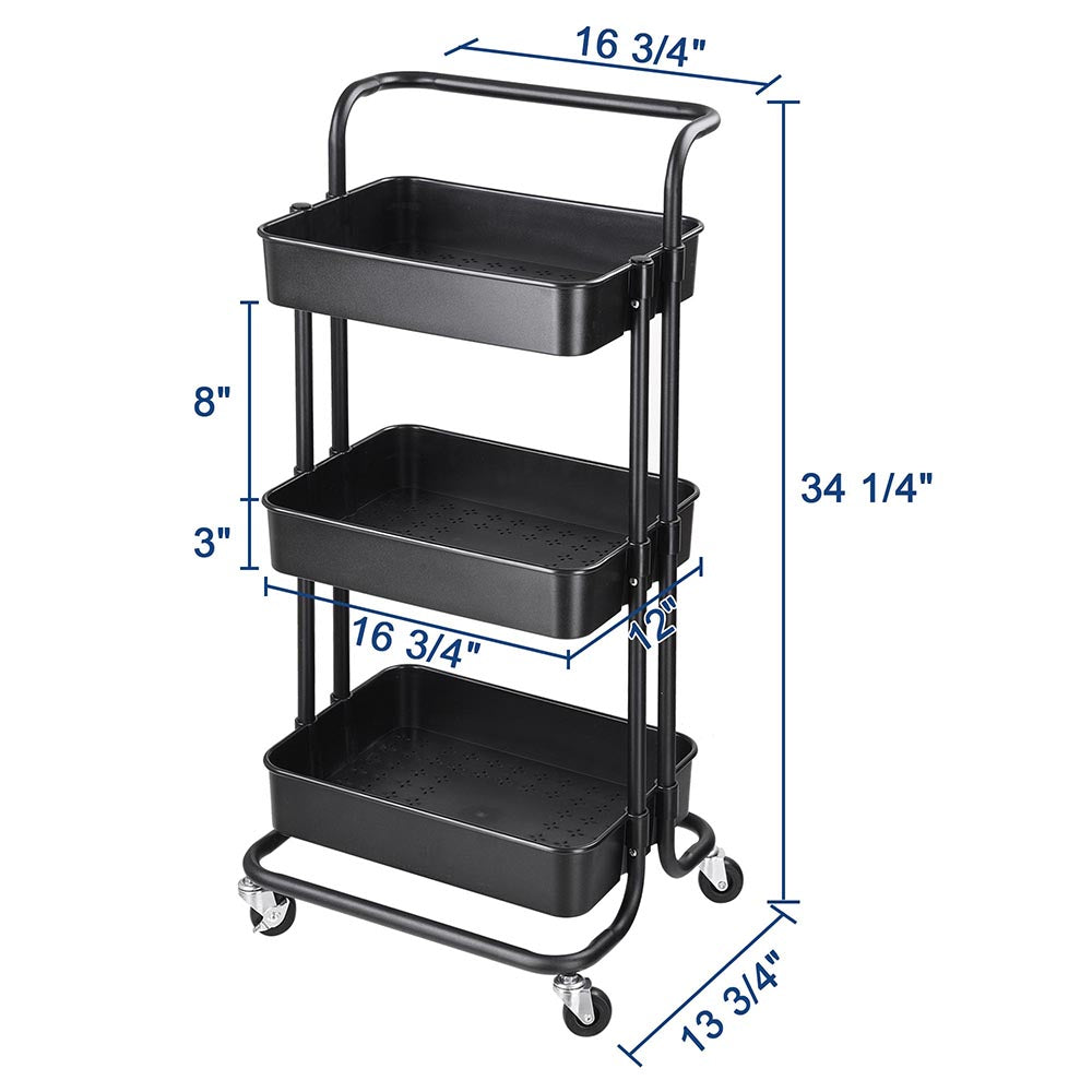 3-Tier Metal Storage Organizer Rolling Cart with handle - Black