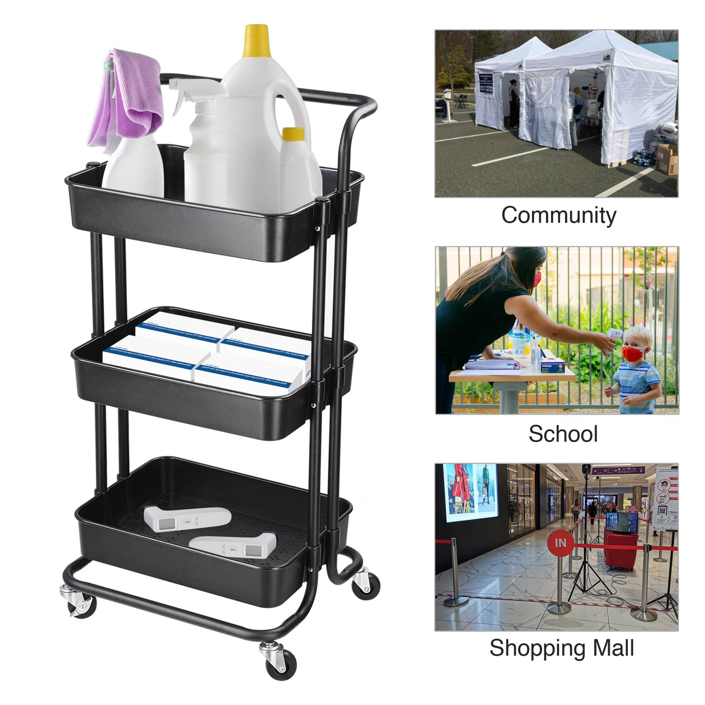 3-Tier Metal Storage Organizer Rolling Cart with handle - Black