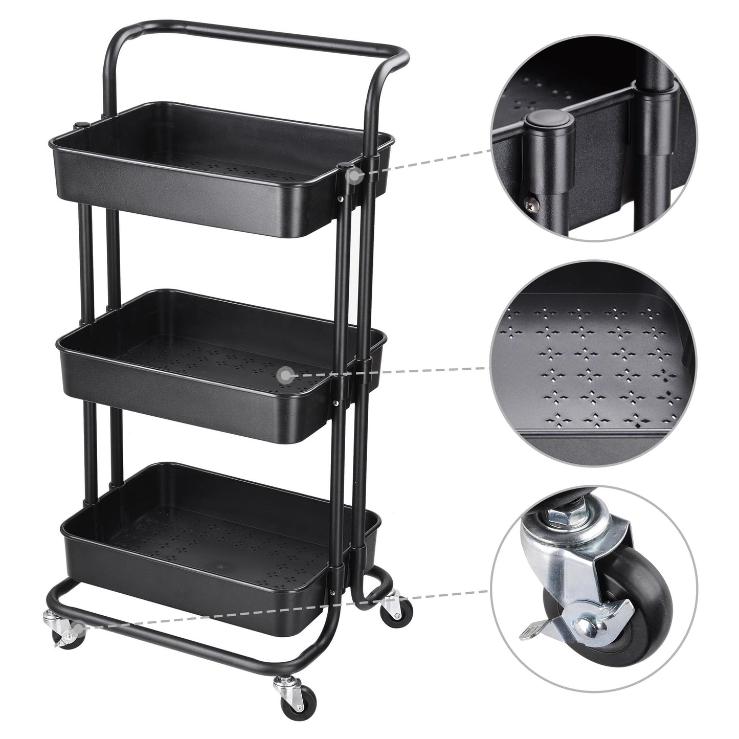 3-Tier Metal Storage Organizer Rolling Cart with handle - Black