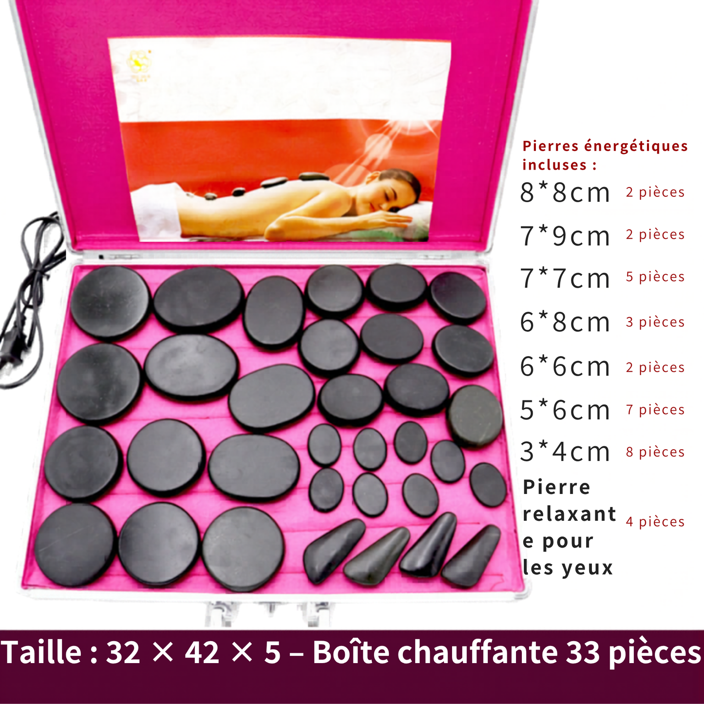 Pierres Chaudes pour Massage (33 pcs) & Chauffe-Pierre en Mallette Aluminium