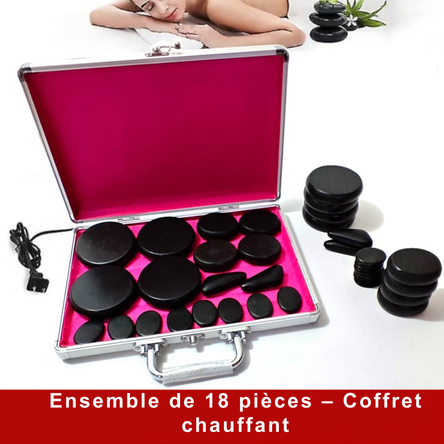 Pierres Chaudes pour Massage (18 pcs) & Chauffe-Pierre en Mallette Aluminium