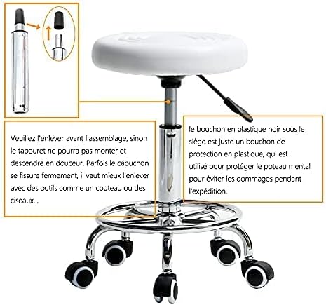 White Adjustable Stool on wheels with footrest | Round