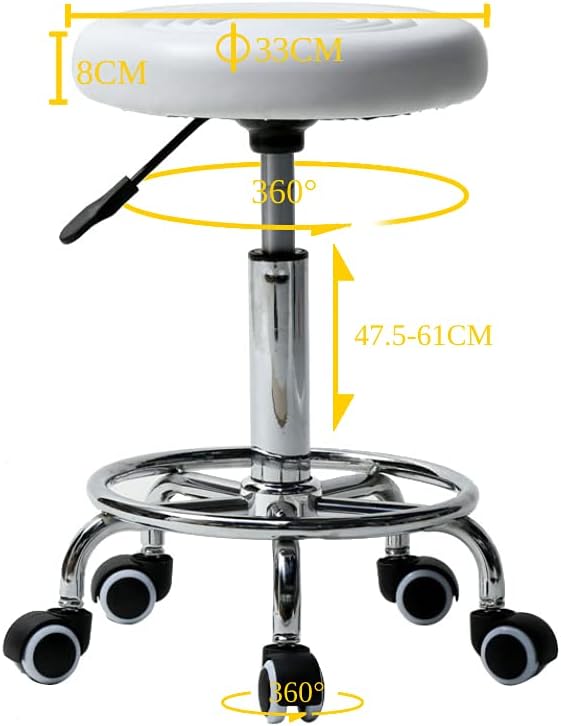 White Adjustable Stool on wheels with footrest | Round