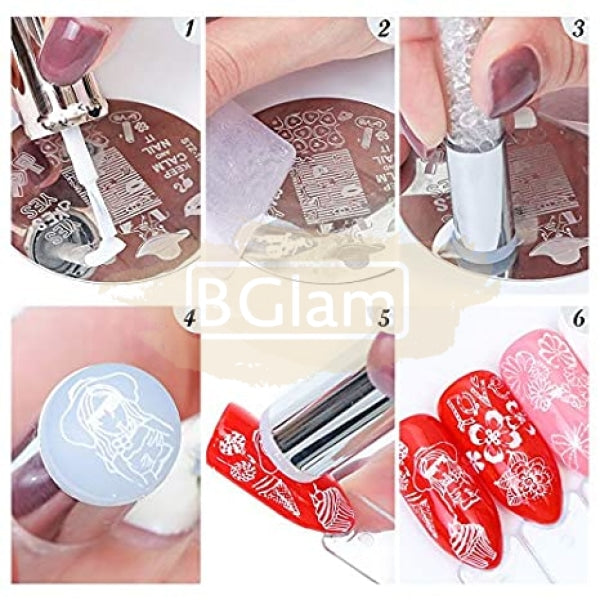 Double Head (Clear & White) Nail Stamper With 2 Stencil Scrapers - Gold Red Rhinestones Art Tool