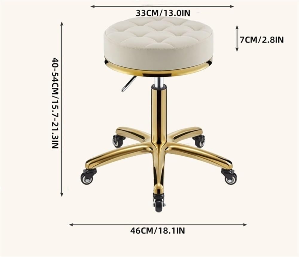 Adjustable Hydraulic Stool on wheels with footrest | Round | White & Gold