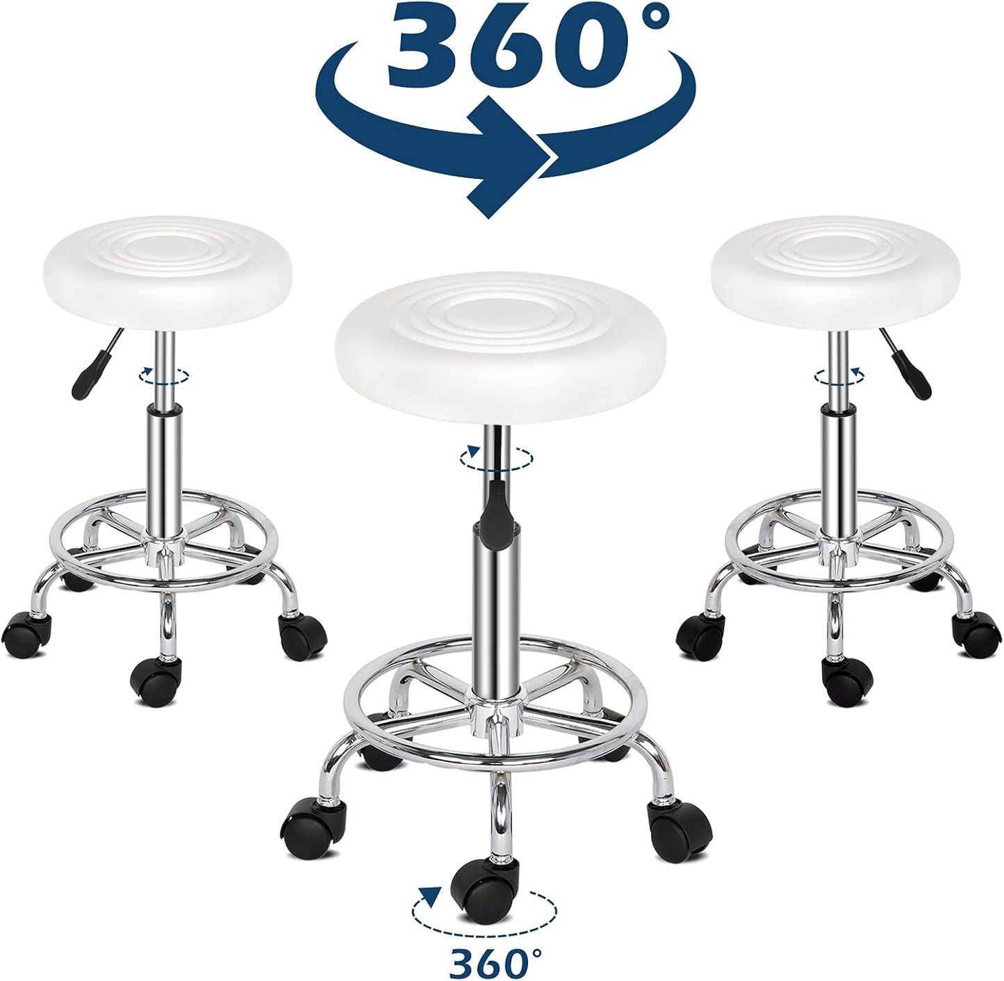 White Adjustable Stool on wheels with footrest | Round