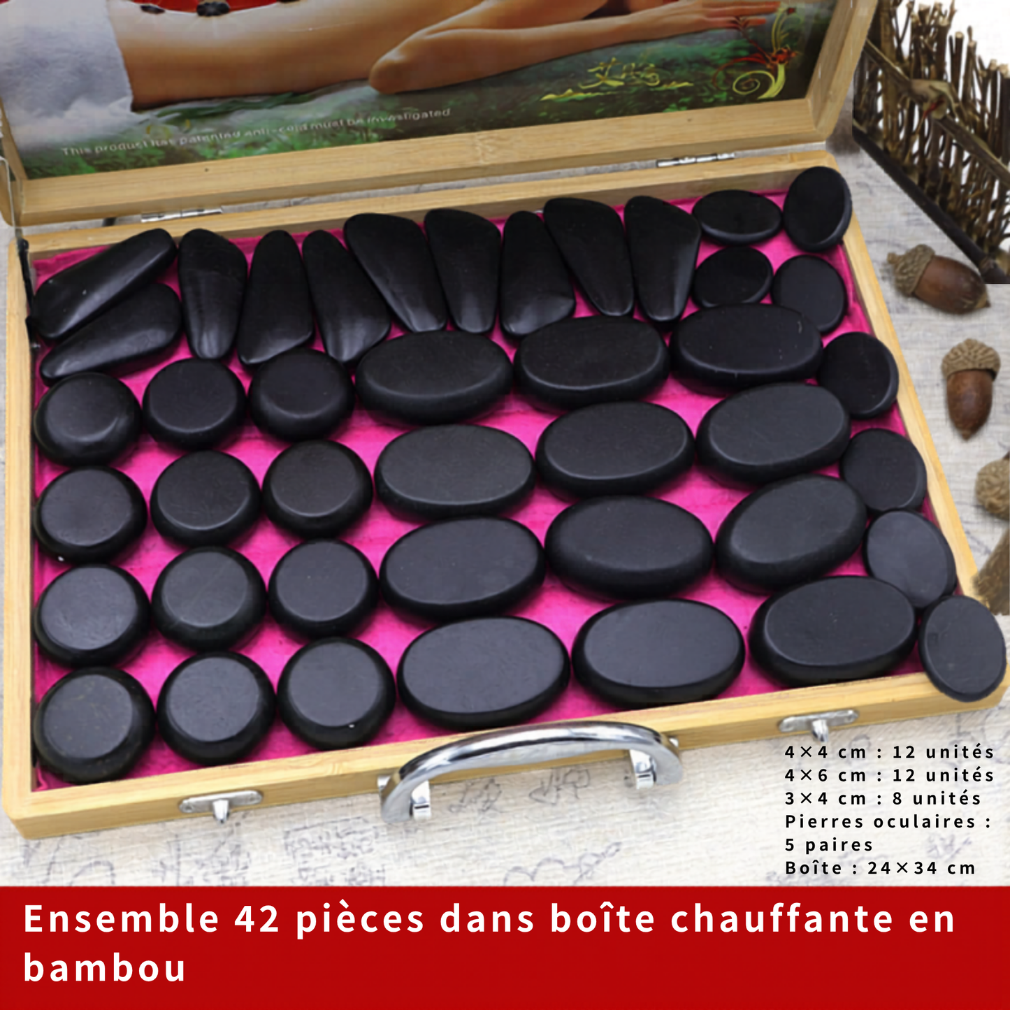 Pierres Chaudes pour Massage (24 pcs) & Chauffe-Pierre en Mallette Aluminium