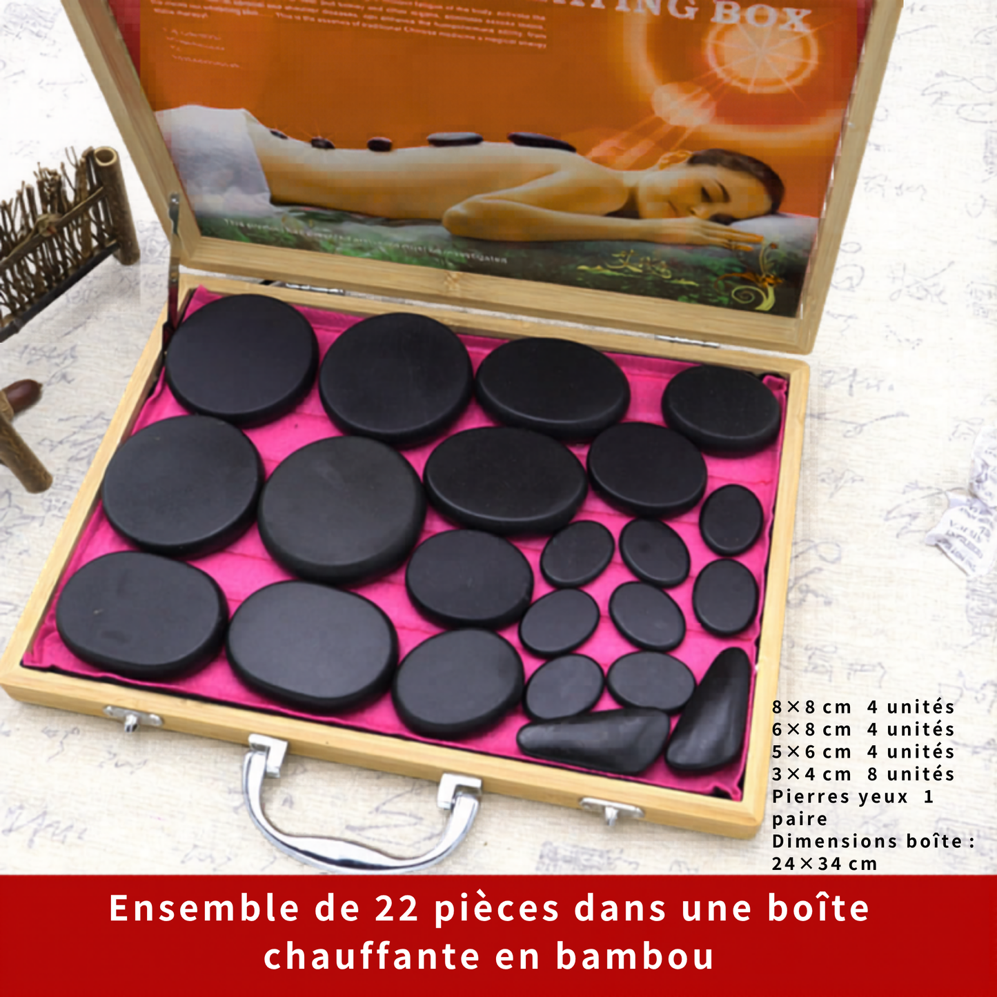 Pierres Chaudes pour Massage (22 pcs) & Chauffe-Pierre en Mallette Aluminium