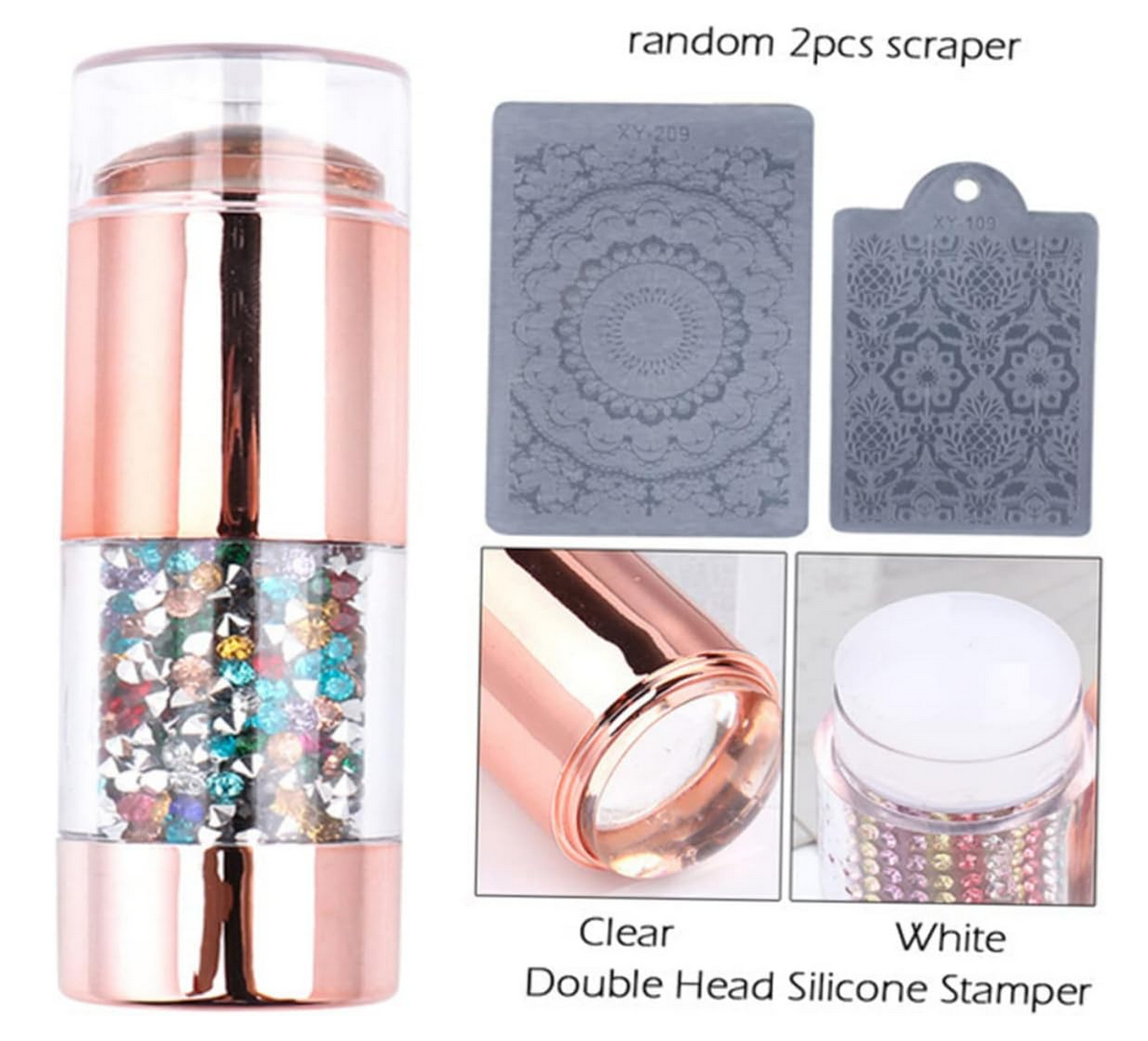 Double Head (Clear & White) Nail Stamper with 2 Stencil Scrapers | Mix Coloured Rhinestones