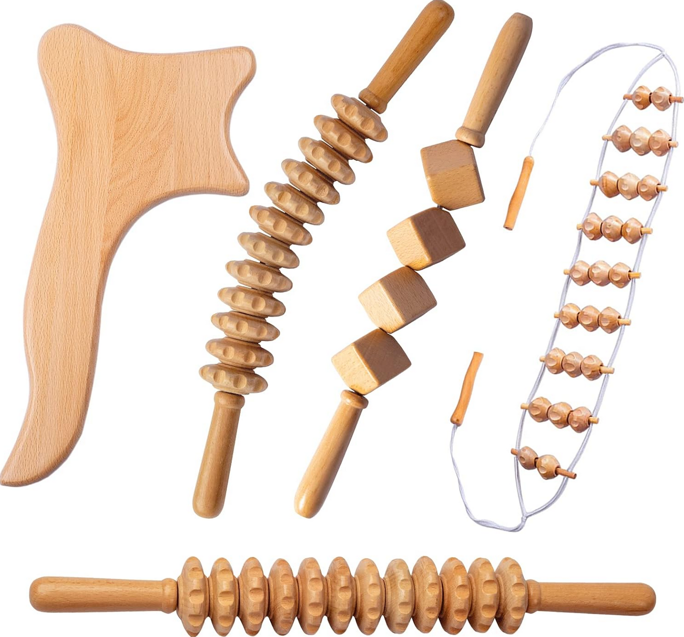 5-Piece Colombian Maderotherapy Wooden Massage Tool Kit