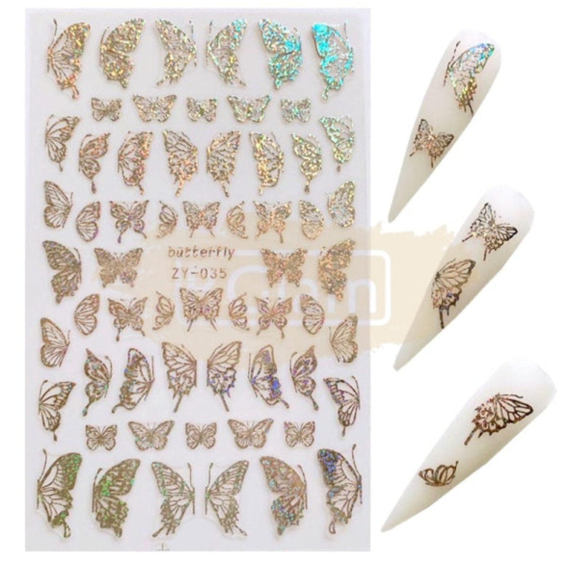 3D Holographic Butterfly Nail Stickers - ZY - 035 Gold