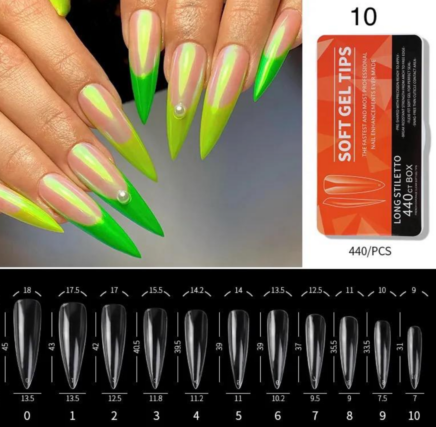 Soft Gel Tips #10 | Bande de Collage Large | | Stiletto Longue 440 Capsules | Boite Orange