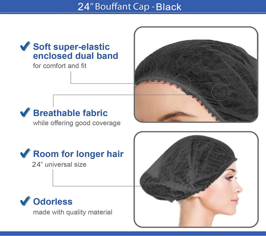 Bonnets bouffants jetables noirs à double bande (100 pièces)