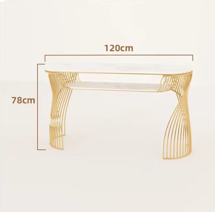 Table de Manucure de Luxe en Marbre et Métal Doré 120x45x78cm