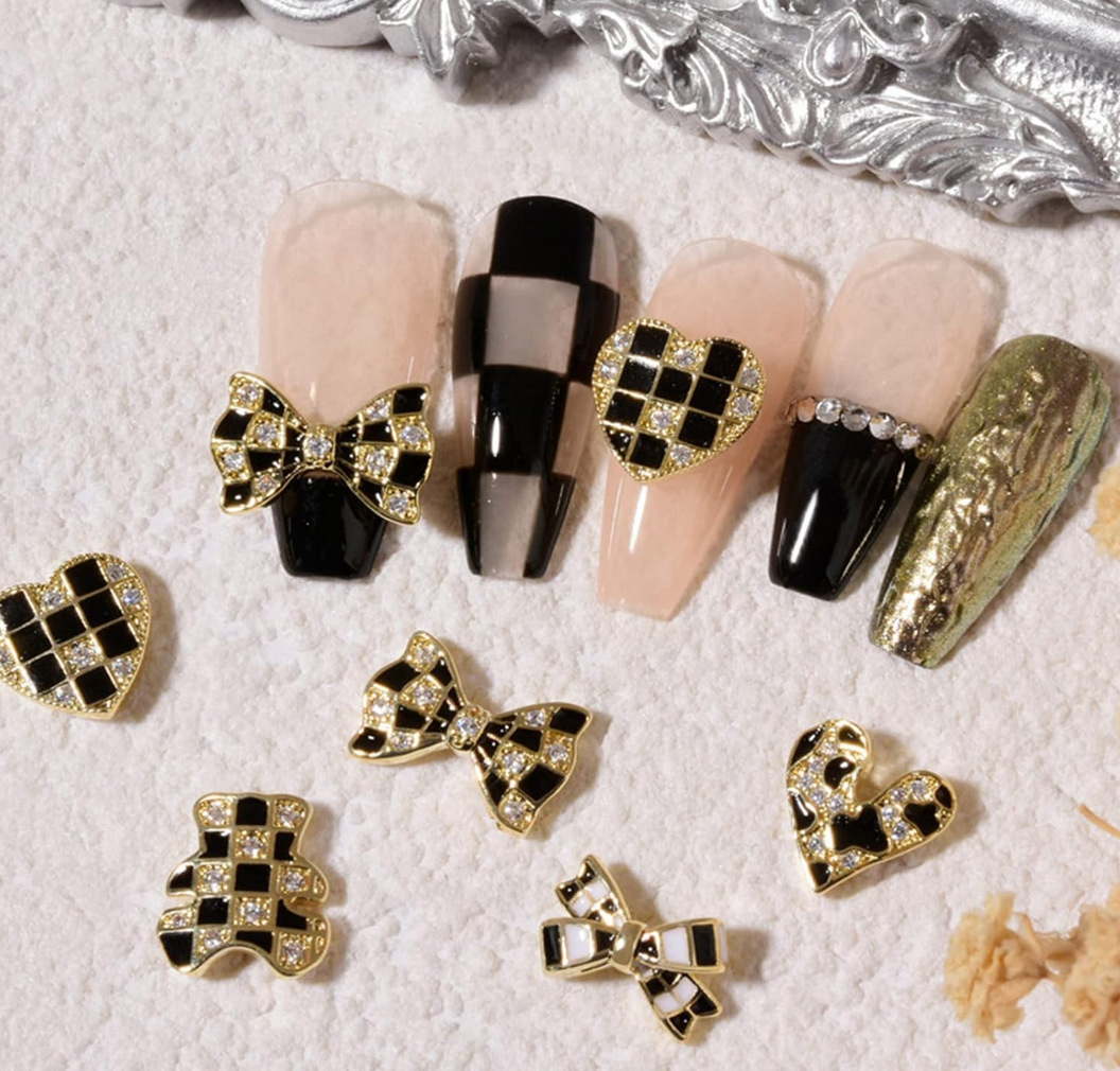 3D Nail Fashion Jewelry | Black and white plaid | with Zircon
