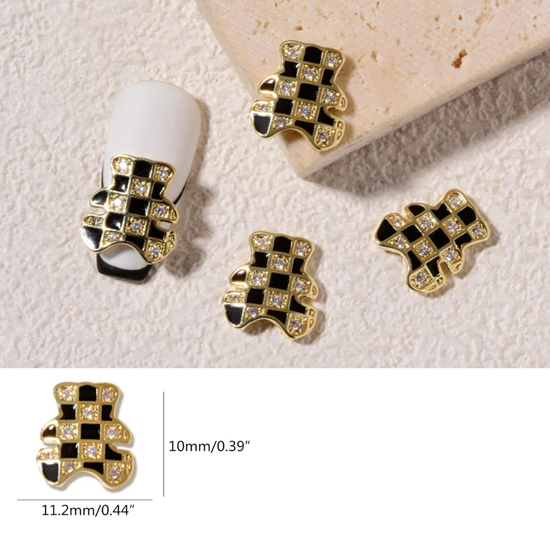 3D Nail Fashion Jewelry | Black and white plaid | with Zircon