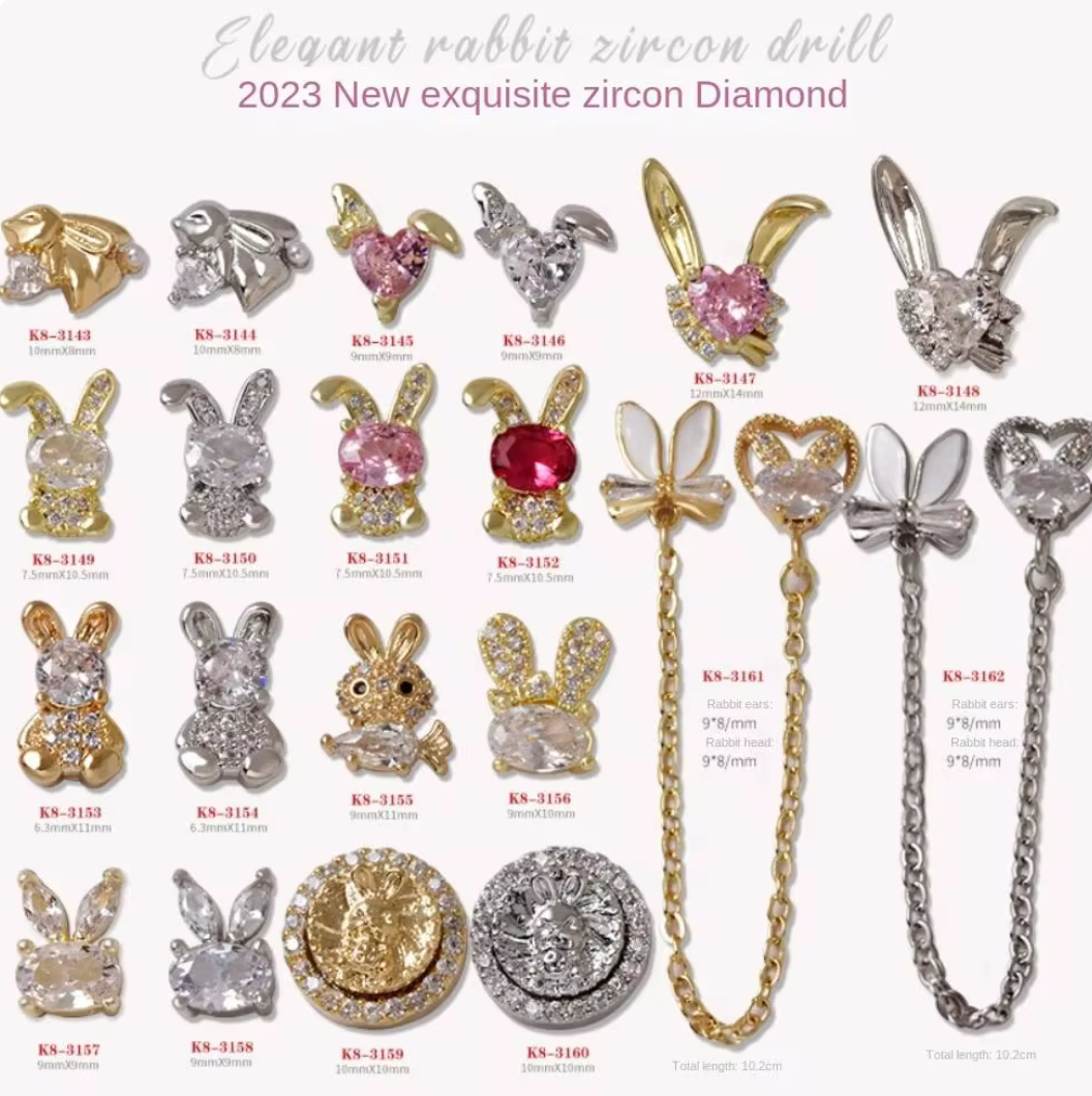 Bijoux fantaisie 3D pour ongles | Style lapin | Couleur or ou argent | Vendu à l'unité