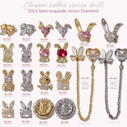 Bijoux fantaisie 3D pour ongles | Style lapin | Couleur or ou argent | Vendu à l'unité