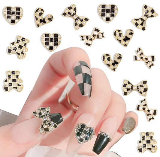 Bijoux fantaisie 3D pour ongles | Motif Carreaux noir et blanc | Vendu à la pièce