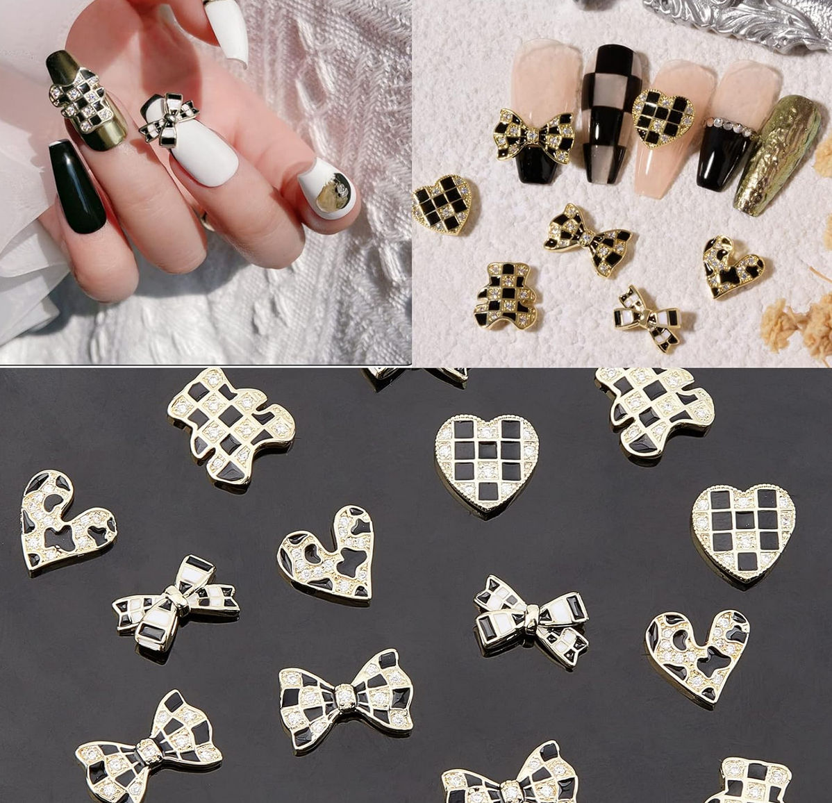 Bijoux fantaisie 3D pour ongles | Motif Carreaux noir et blanc | Vendu à la pièce